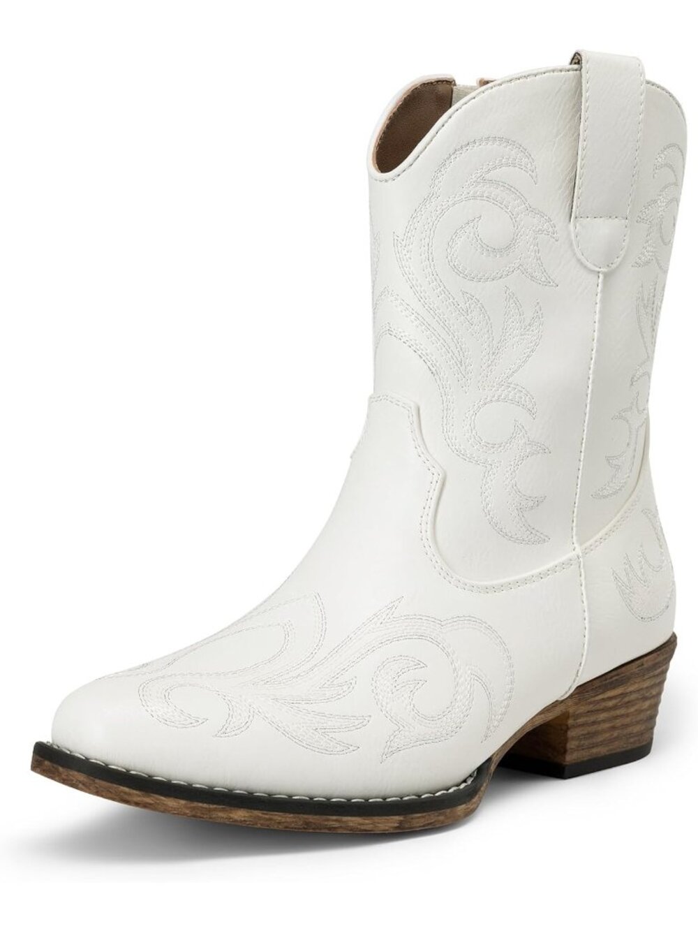 Women's White Cowboy Western Boots Embroidered Stitched Ankle Chunky Heel